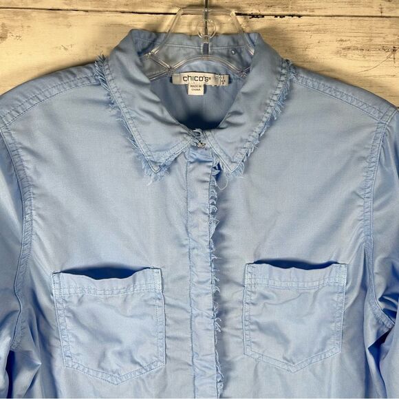 Chico's Touch of Cool Fringe Denim Long Sleeve Roll Tab Shirt Blue Size 1 M Top - Picture 5 of 10